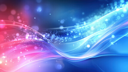 Fototapeta premium Abstract glowing waves with blue and pink gradient, sparkling particles, magical energy, futuristic dynamic background design.