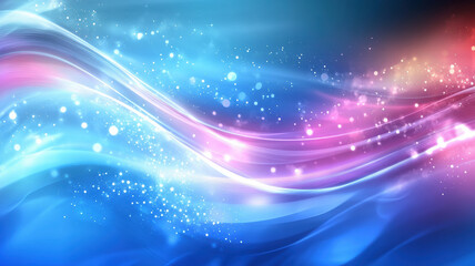 Fototapeta premium Abstract glowing waves with blue and pink gradient, sparkling particles, magical energy, futuristic dynamic background design.
