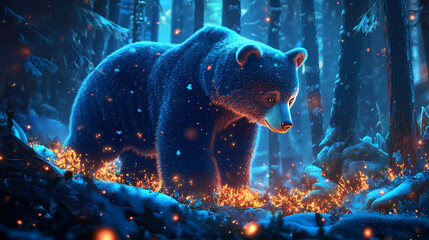 A whimsical bear in a glowing forest scene. Frostwind. Illustration
