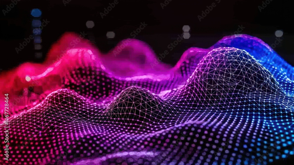 Poster abstract representation of digital terrain with vibrant colors and geometric patterns in 3d space