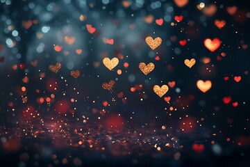 Glowing golden hearts with red accents floating in a soft background