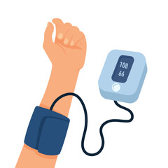 Blood pressure measurement - tonometer and hand. Flat vector illustration.