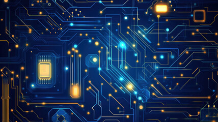 High-tech digital circuit board with glowing blue and golden lines for technology and innovation projects