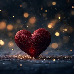 Obraz premium a deep red heart with golden glitter on a soft glowing background 
