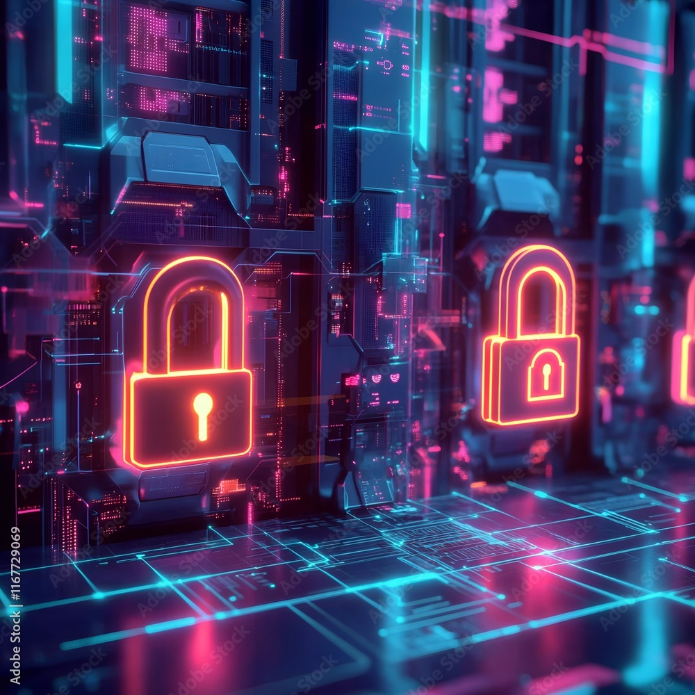 Poster secure server room glowing locks image