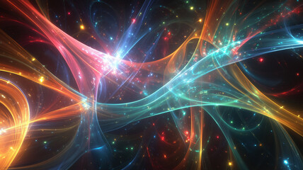 Abstract light lines intertwining in bright colors create a magical energy and cosmic harmony on a dark background.