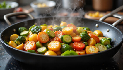 Colorful vegetable stir-fry cooking in a wok, healthy eating concept