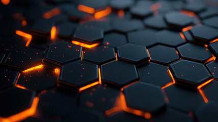 Futuristic Hexagonal Grid with Glowing Orange Light Intersections, Perfect for High-Tech and Cyberpunk Concepts