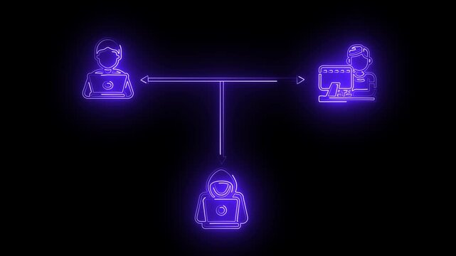 Animation of neon glowing cyber - hacker icon on isolated black background