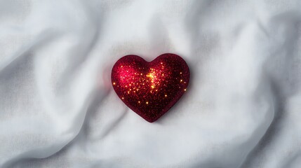 shiny red heart with a golden glow on a soft white satin background 