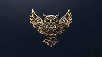 Obraz premium A detailed gold owl emblem with intricate feather patterns symmetrically spread wings on a dark background symbolizing wisdom and mystery 
