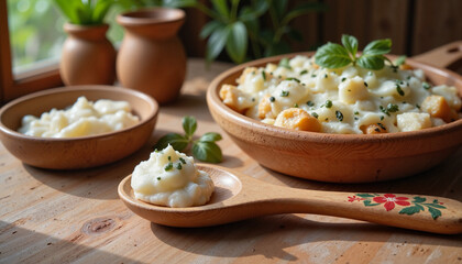 Traditional wooden spoon with sour cream beside rustic dish, Maslenitsa