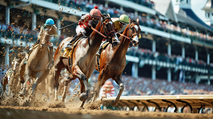 Horse racing jockey. Sport. Champion. Racetrack. Equestrian. Derby. Jockey's racing there horses headed toward the finish line.