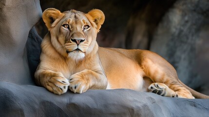 A lioness is laying on a rock