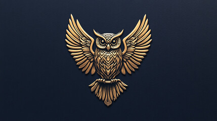 A striking gold owl emblem with outstretched wings displaying intricate patterns against a deep dark background
