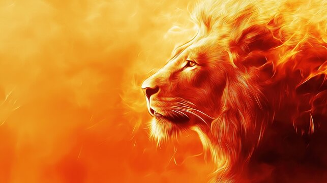 A lion with a fiery mane and an orange background
