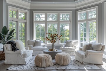 Sunny Coastal Living Room with Bay Window and White Furnishings