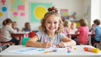 Fototapeta premium Happy girl creating craft project in bright classroom, joyful learning