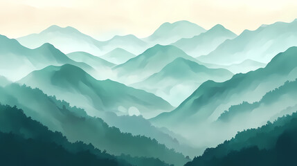 Fototapeta premium Closeup of misty mountains with lush greenery, moisturerich environment, harmonious nature. Frostwind. Illustration