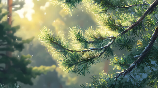 Close-up of a pine branch with sunlit forest backdrop, highlighting nature's beauty. Frostwind. Illustration