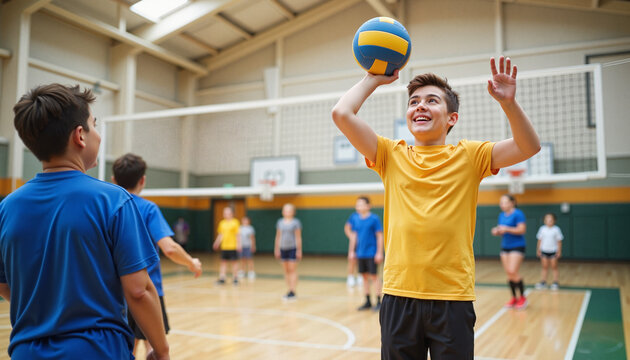 Students playing volleyball in school gym, joyous teamwork
