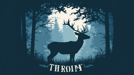 Dark forest silhouette of a deer in the foreground with a tree branch label , hunting, forestland. Frostwind. Illustration