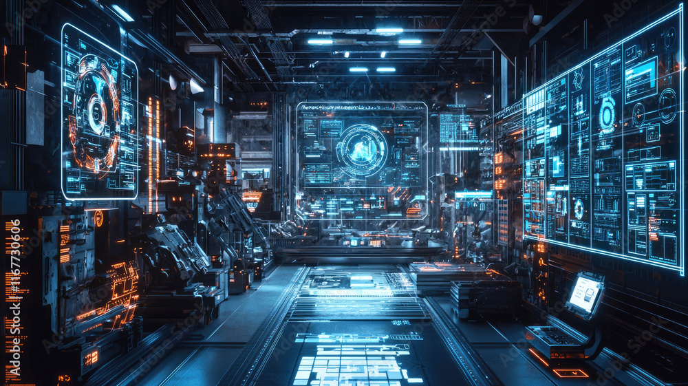 Poster futuristic high-tech advanced robotics and ai in modern automated factory, technology and future con