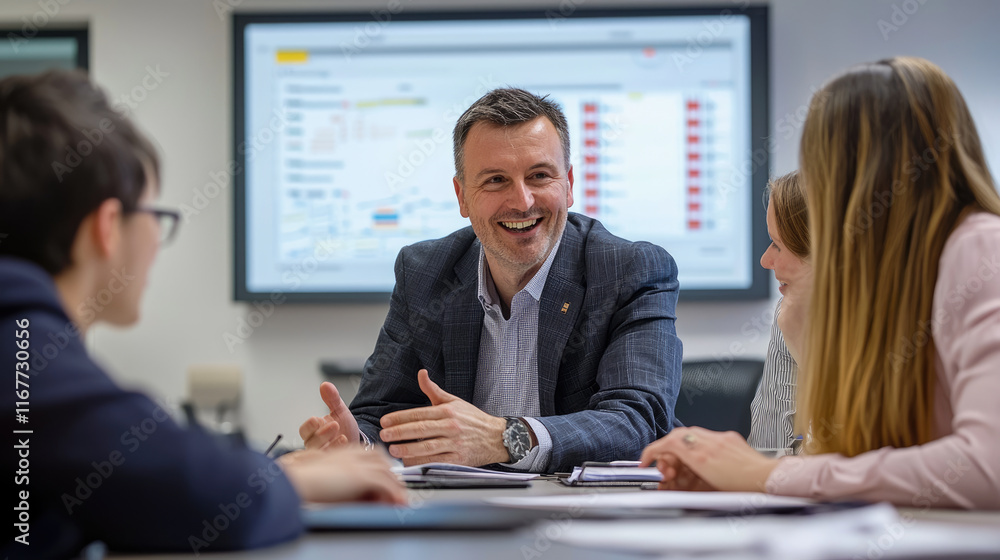 Poster business meeting with smiling businessman discussing strategies with three colleagues in modern offi