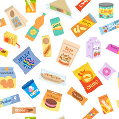 snack pattern. junk food packages crackers chocolate bars icecream cold drinks. vector seamless background