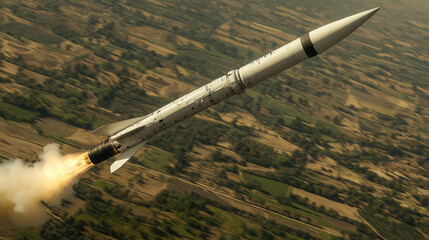Naklejka premium Powerful rocket launched at high speed over rural landscape with smoky trail, military missile concept