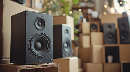 High-quality black speakers in a cardboard box warehouse setting with natural light and background plants