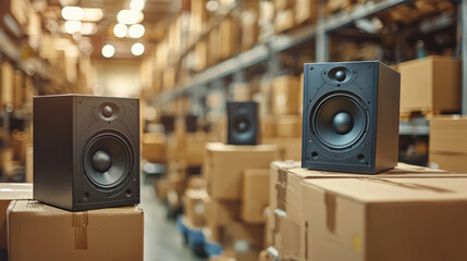 High-quality black speakers stacked on cardboard boxes in warehouse with blurred background of industrial shelving and lighting