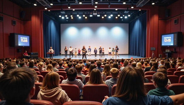 Students competing at math event on stage, educational achievement