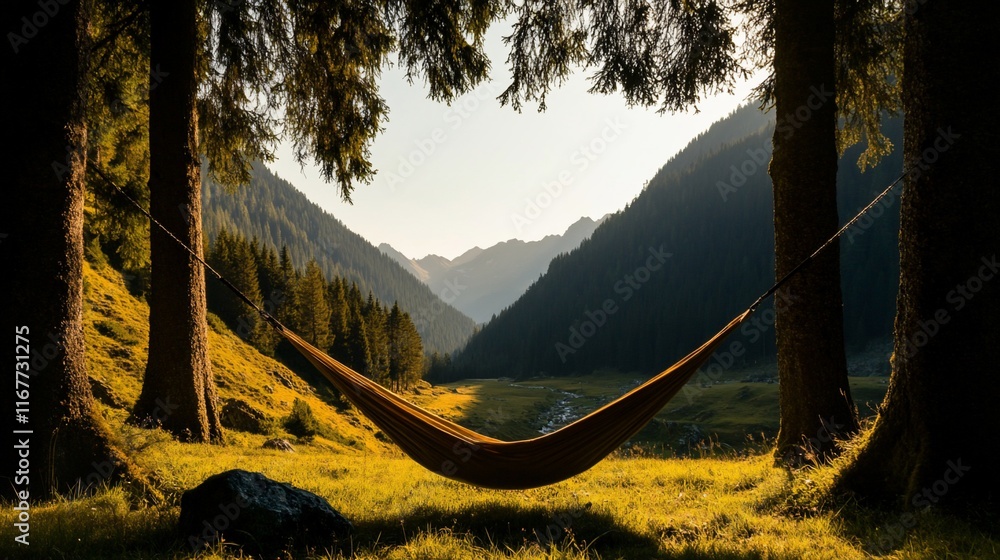 Poster hammock between trees overlooking a serene valley.