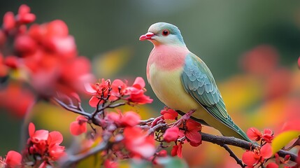 Fototapeta premium Pinknecked Green Pigeon Treron vernans soft pink green bird perched tropical branch blending beautifully colorful bloom