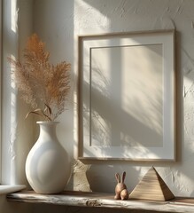 White Photo Frame Mockup with Wooden Toys – Light Beige Aesthetic
