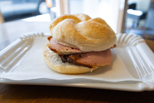 Traditional Austrian Leberkase Sandwich on a Plate