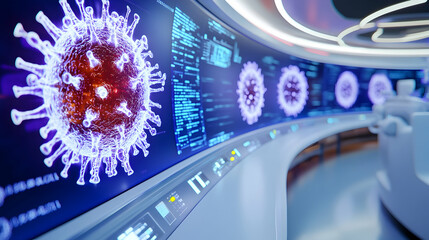 Display of digital virus models in a futuristic lab, highlighting research on infectious diseases