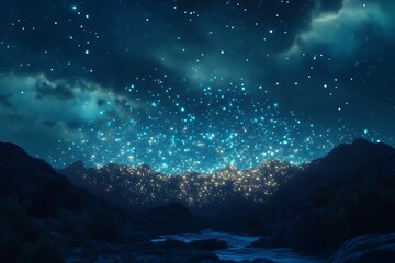 light particle streams creating a digital network across a glowing blue sky 