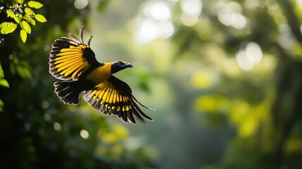 Golden-backed weaver bird in flight amidst lush foliage.