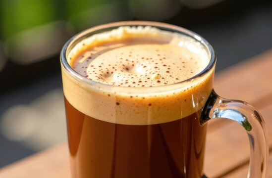 closeup of mocha mousse nitro cold brew coffee with creamy bubble layer in transparent glass mug on sunny patio. beverage menu poster.