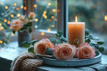Springtime Scandinavian Living Room with White Roses and Candle on Tray