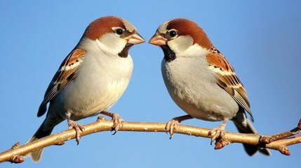 Fototapeta premium Two sparrows face each other on a branch against a clear blue sky.