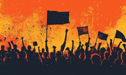 Silhouetted crowd, raised flags, fiery background.