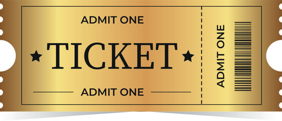 Isolated design of movie ticket, event, party, golden, lettering, barcode, casino, entertainment