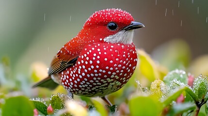 Red Avadavat Amandava amandava striking red bird white speckles perched on green grass stalks in a bright dewy meadow