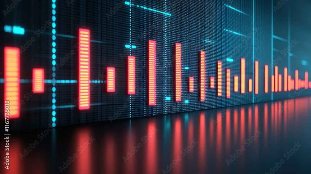 Aufkleber abstract data visualization: neon red and cyan digital bars reflecting on a dark surface