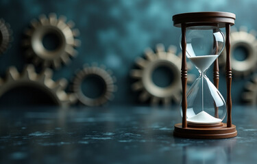 hourglass with glass on right side, blury gears as background, generative AI