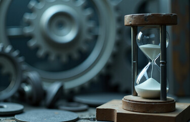 hourglass with glass on right side, blury gears as background, generative AI