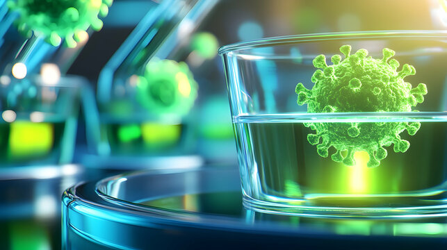 Bright green virus models float in clear liquid, symbolizing advanced research in a vibrant lab